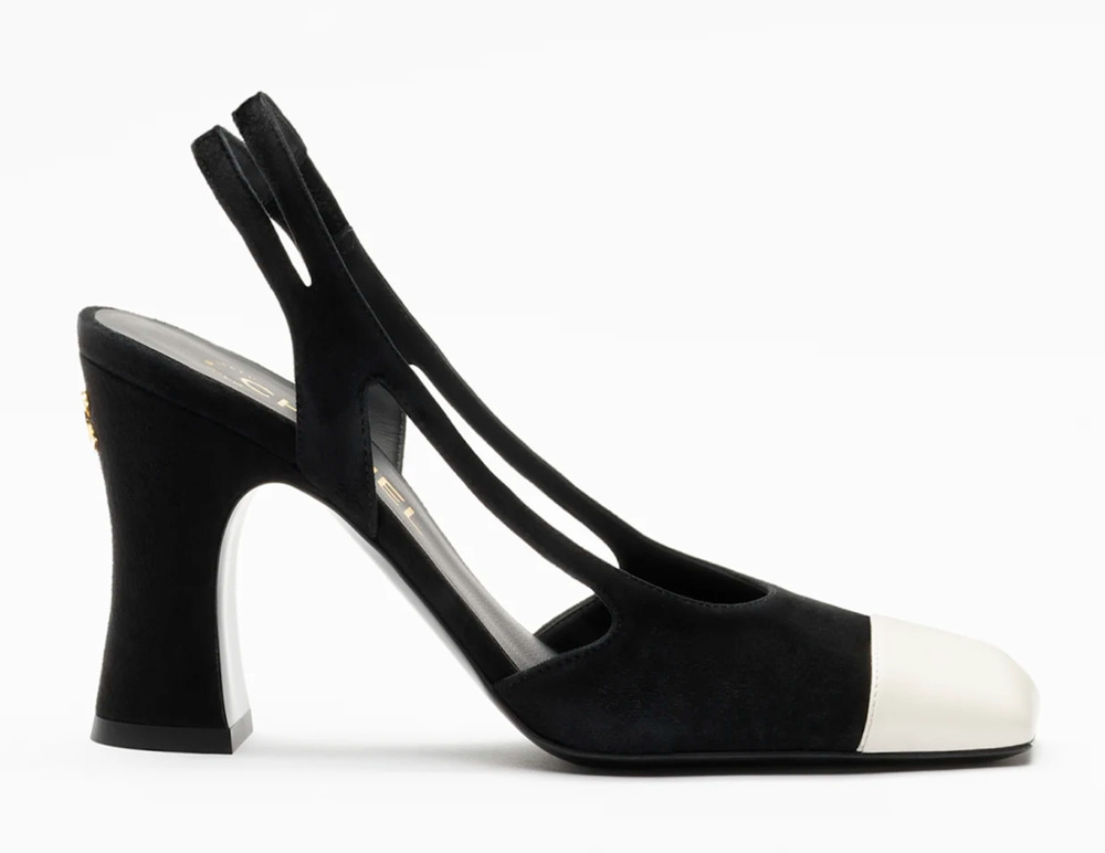 Chanel 26K Blazy Black Suede White Square Toe CC Slingback Block Heel Pump 41
